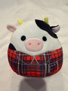 Squishmallows White Black Cow with Red Plaid